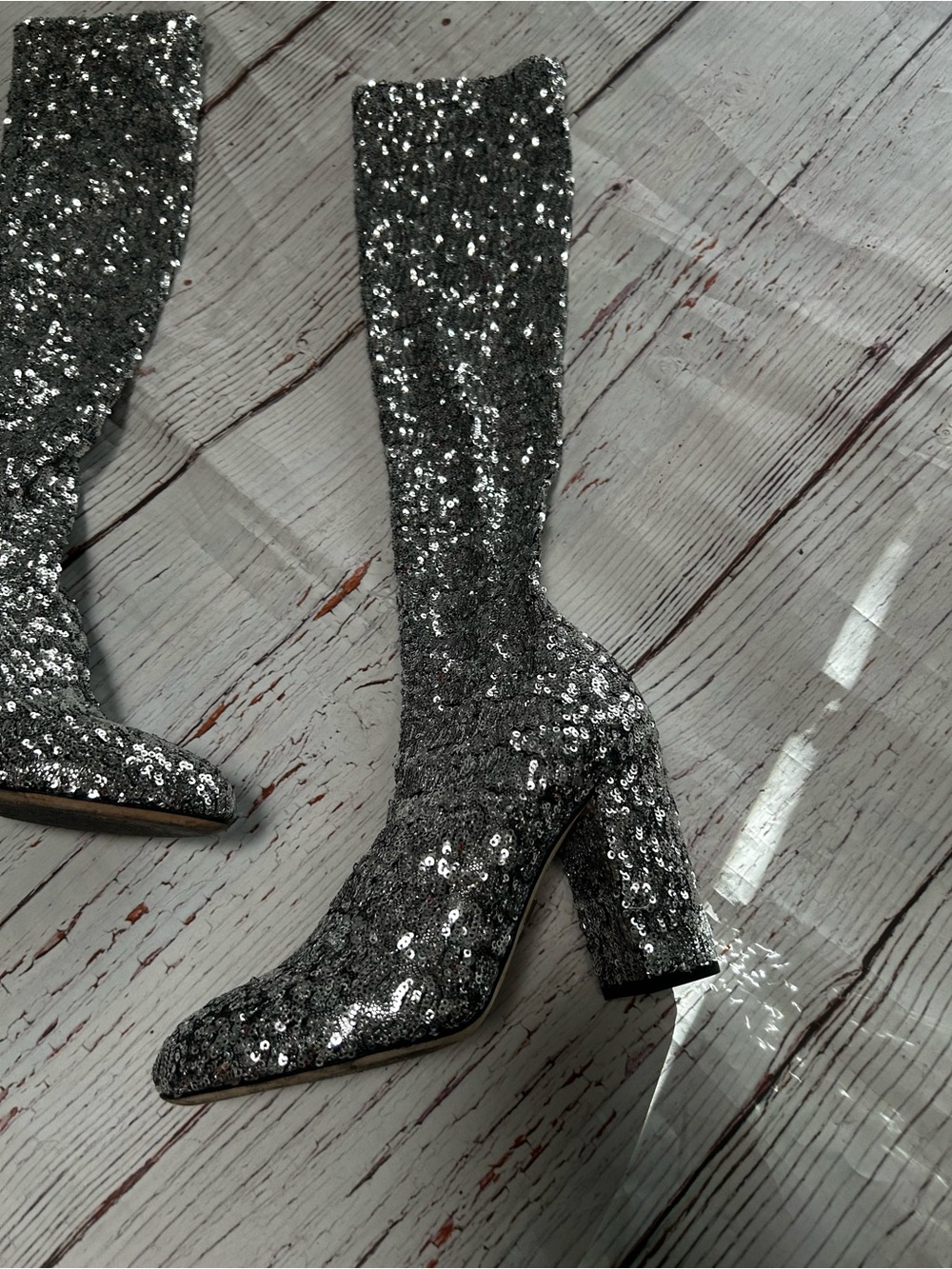 Dolce & Gabbana Silver Sequin Knee-High Block Heel Sock Boots Sz 37 - Picture 4 of 16